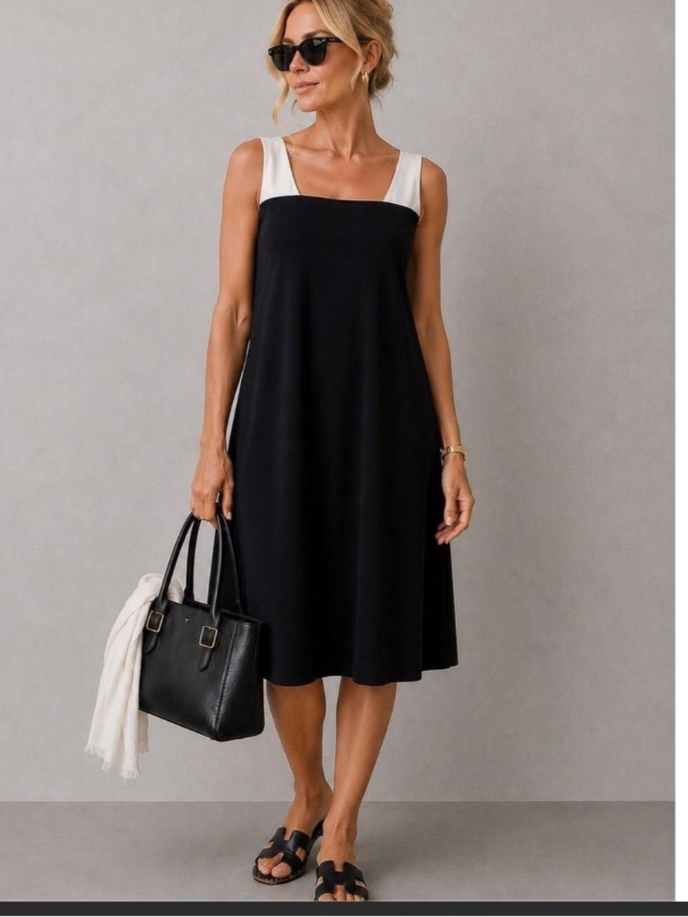 Eileen Fisher Black White Colorblock Sleeveless Jersey Midi Dress S